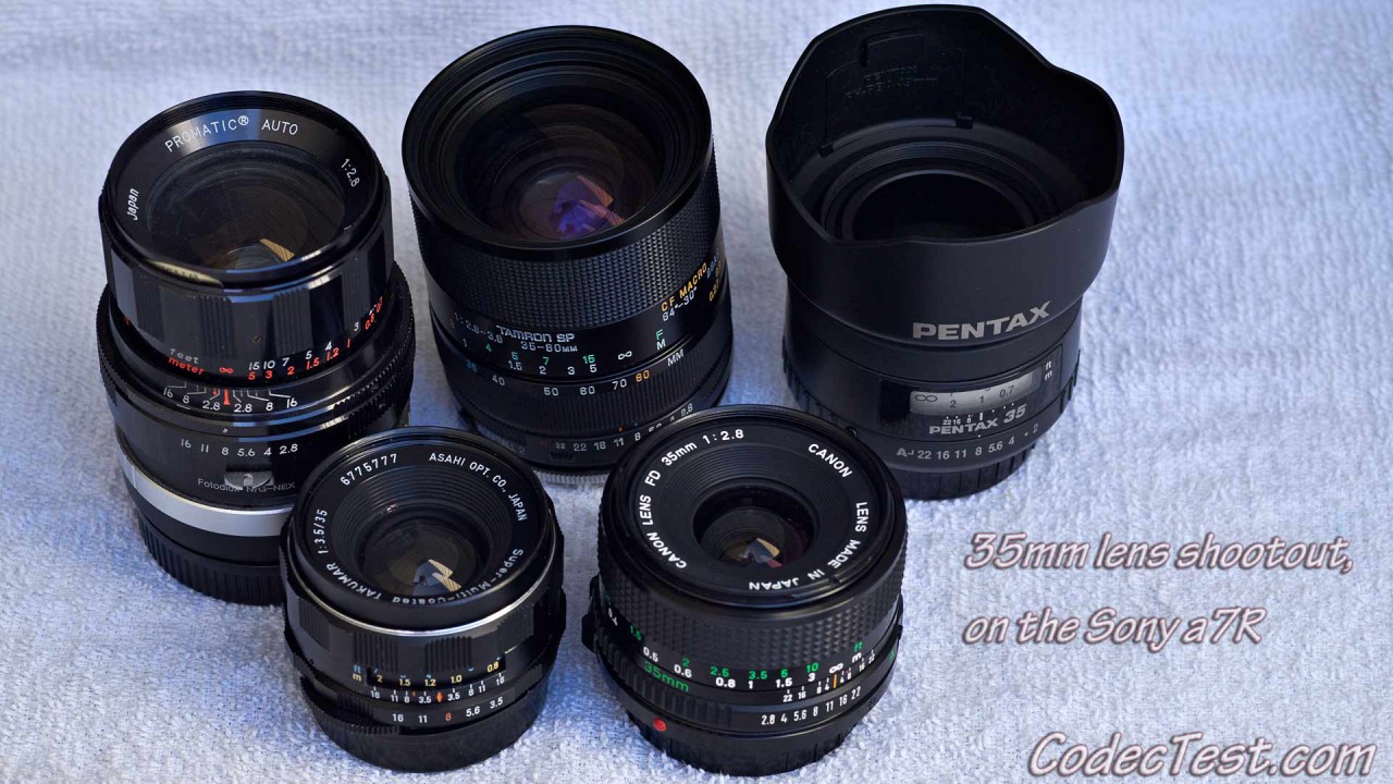 35mm lens testing, CanonFDn, Promatic, Pentax FA35, Pentax S-M-C Takumar, and the 35-80 Tamron SP zoom lenses.